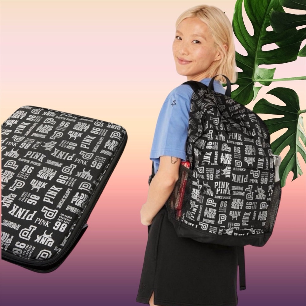 VS  PINK PURE BLACK MIXED LOGO CLASSIC BACKPACK TRAVEL BAG AND LAPTOP CASE SET
